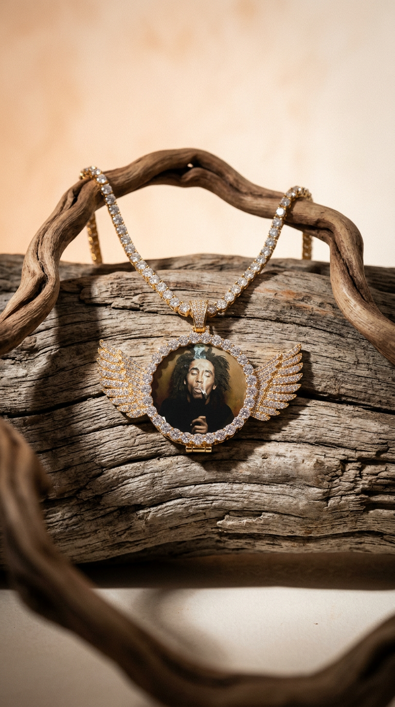 AI product shot of CUSTOM ANGEL WINGS PHOTO PENDANT + CHAIN