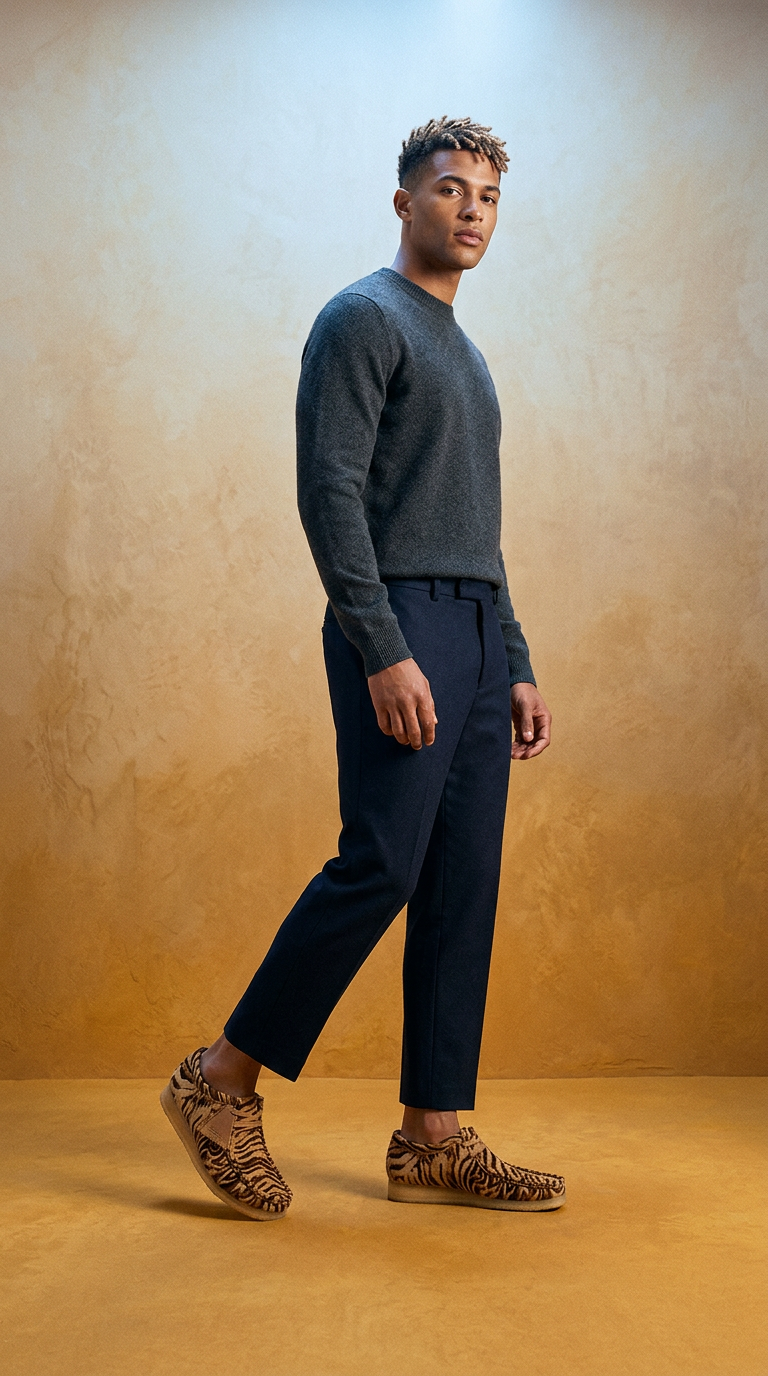 AI product shot of Clarks ORIGINALs-Wallabee男款真皮動物學院袋鼠鞋(虎紋棕)CLM85658R