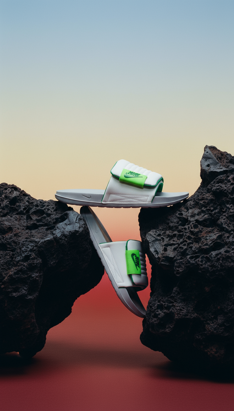 AI product shot of Nike Offcourt Adjust Men's Slides - Wolf Grey/Summit White/Green Strike/Malachite