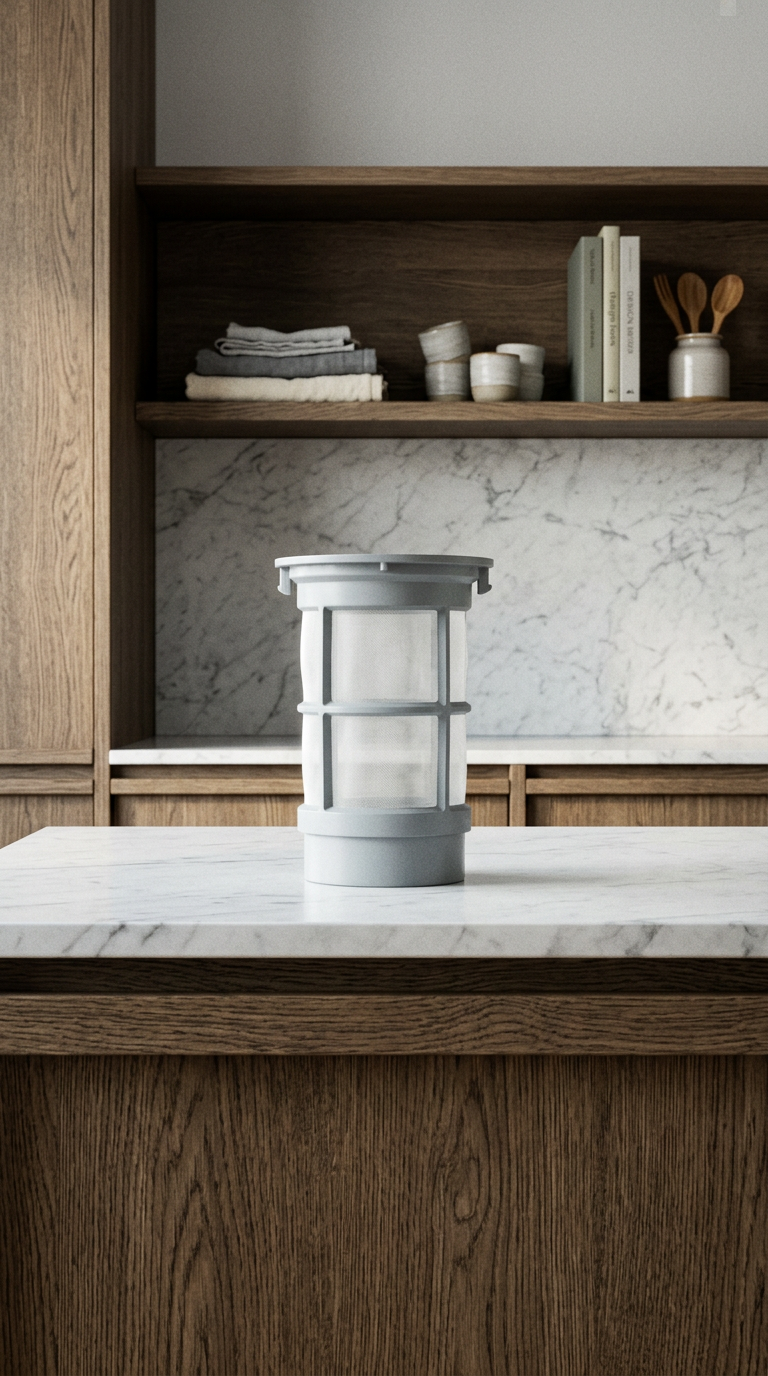 AI product shot of AEG afløbsfilter til opvaskemaskine 120x77mm