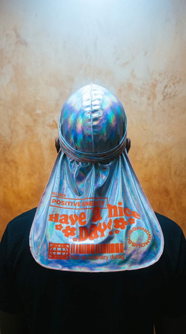 AI product shot of Have a nice day holographic durag