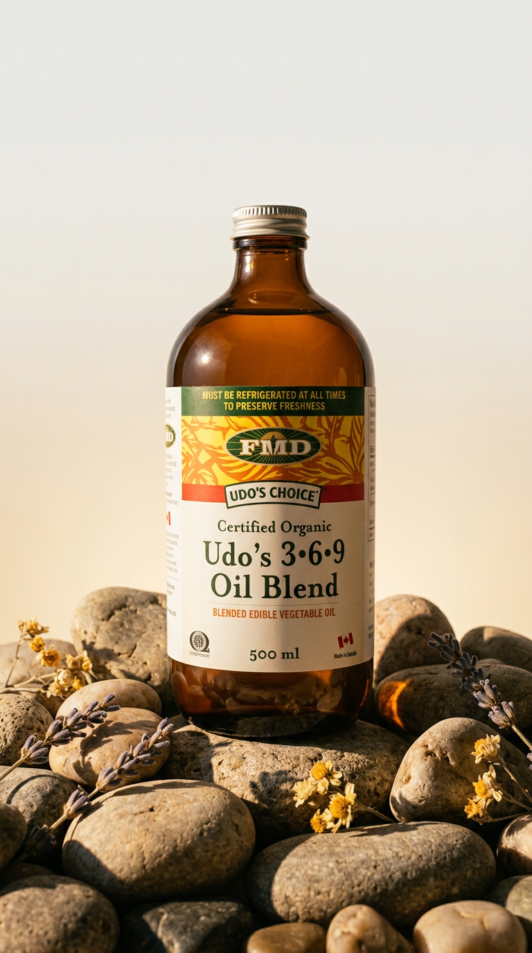 AI product shot of Udo’s 3•6•9 Oil Blend