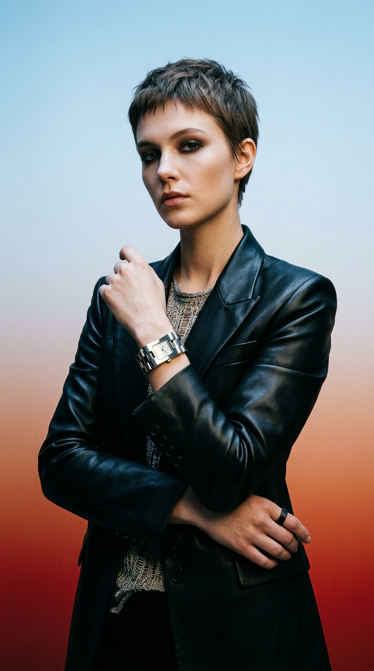 AI product shot of Gucci 2305L swiss made stainless steel women's watch, a classic designer square dial quartz timepiece