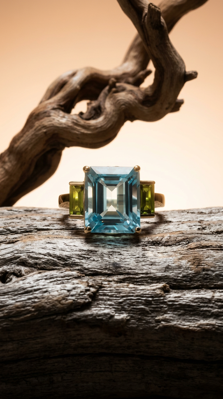 AI product shot of Octagon Gold Ring in Peridot & Blue Topaz