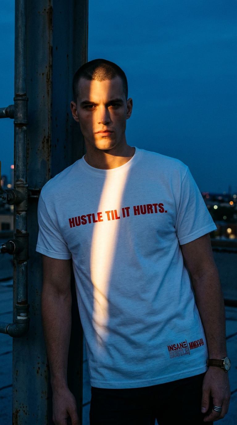 AI product shot of Hustle Til It Hurts White Crew Tee
