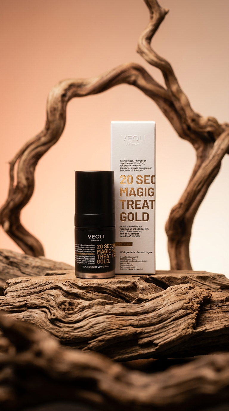 AI product shot of Rozświetlająco-liftingująco-naprawcze serum pod oczy i na powieki z kofeiną, peptydami, kwasem hialuronowym i kompleksem Beautifeye™ 20 SECONDS MAGIC EYE TREATMENT GOLD