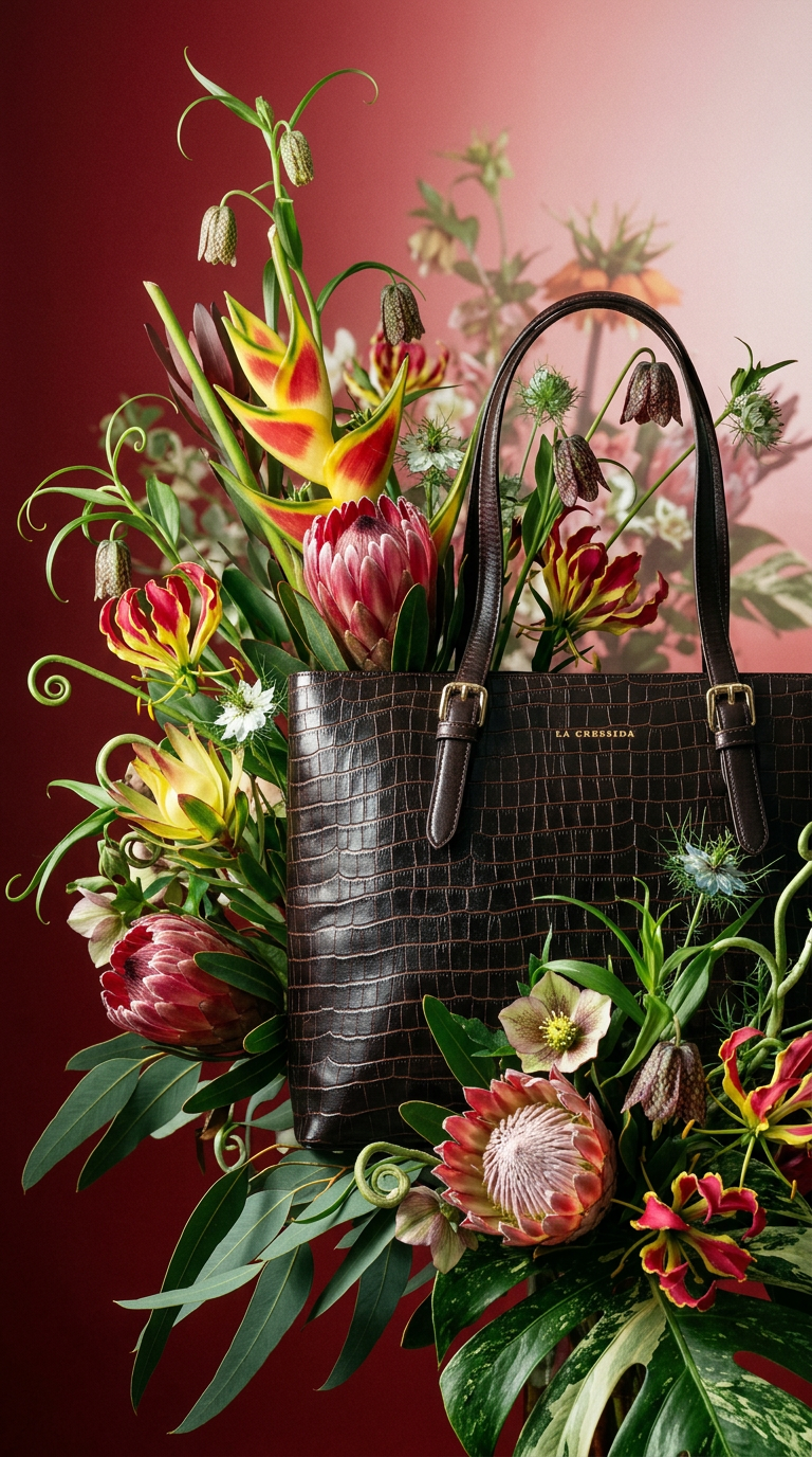 AI product shot of La Cressida Chocolate Brown Croco Leather Bag