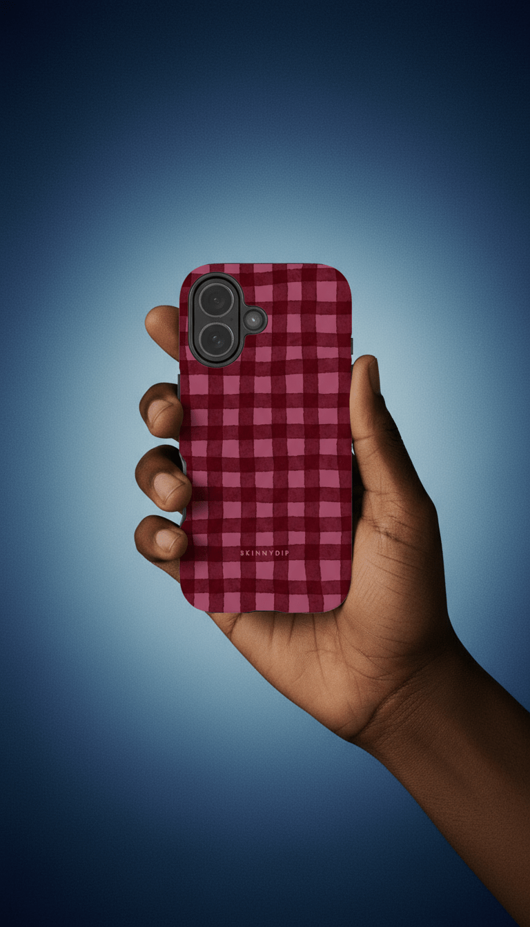 AI product shot of Burgundy Gingham Ultra Protective iPhone Case