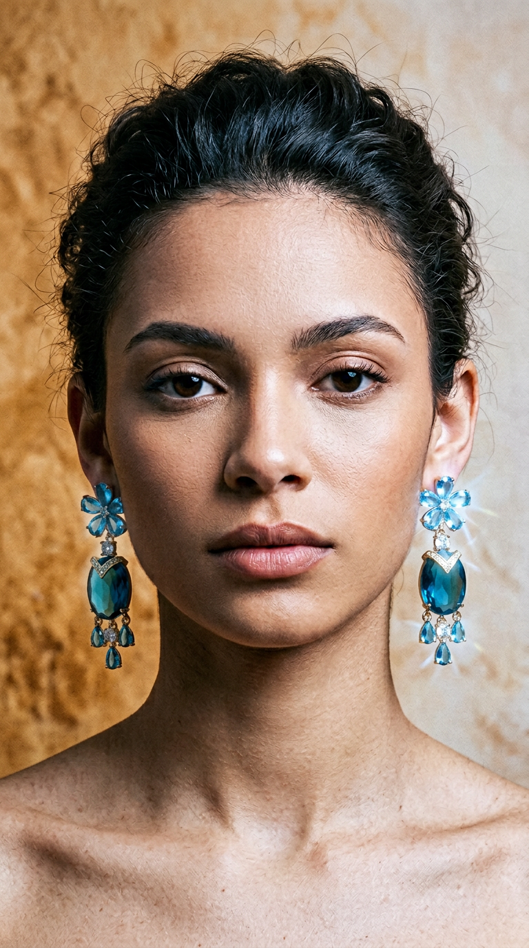 AI product shot of Real Gold Electroplated Silver Needle Sea Blue Treasure Color Zircon Flower Earrings Luxury and High Grade Earrings