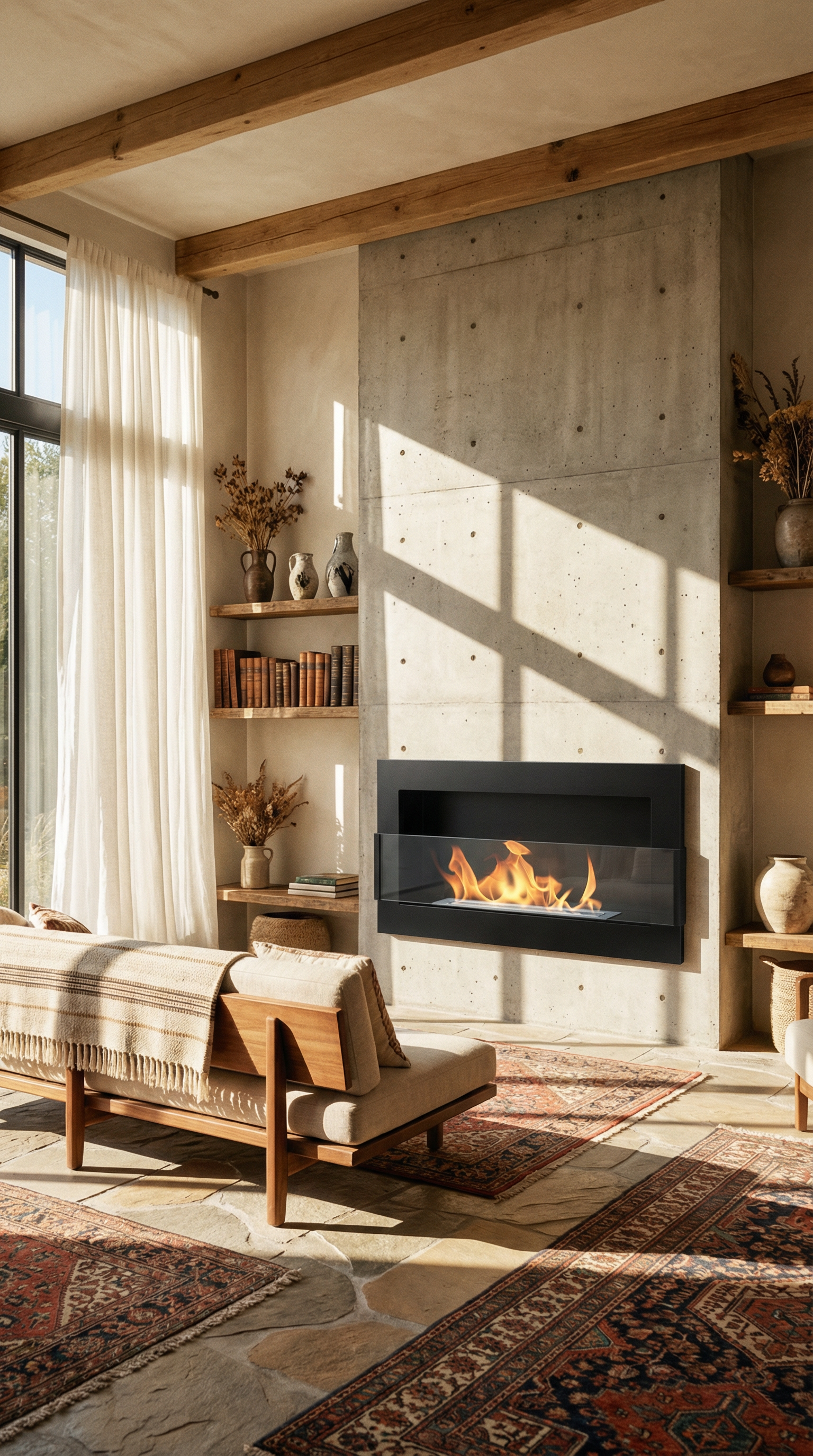 AI product shot of Bioethanol Wandkamin Elegant 900×400 – edles Designfeuer für stilvolle Innenräume