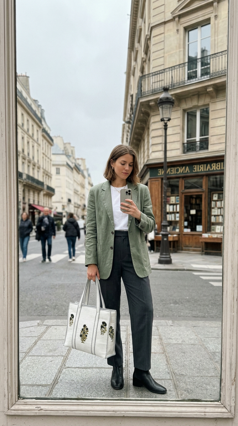 AI product shot of White Handblock Botanical Cotton Tote Bag | Handcrafted & Lightweight