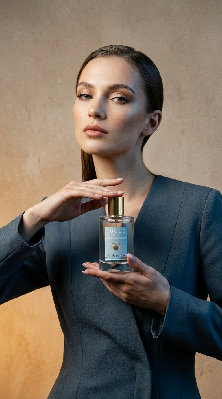 AI product shot of L'eau de parfum FUGUE sur la Côte de Granit Rose