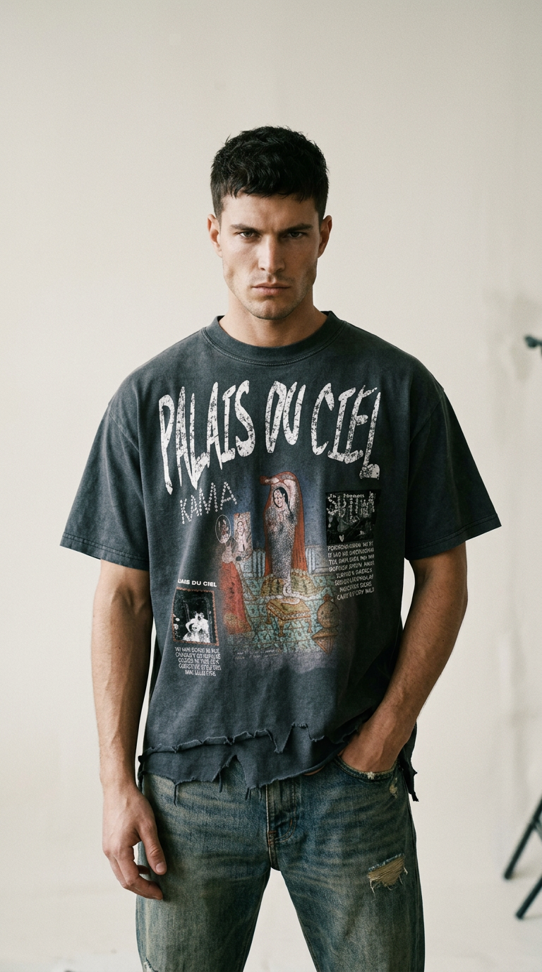 AI product shot of A AMAZING KAMA SUTRA / PALAIS DU CIEL BOXY T-SHIRT