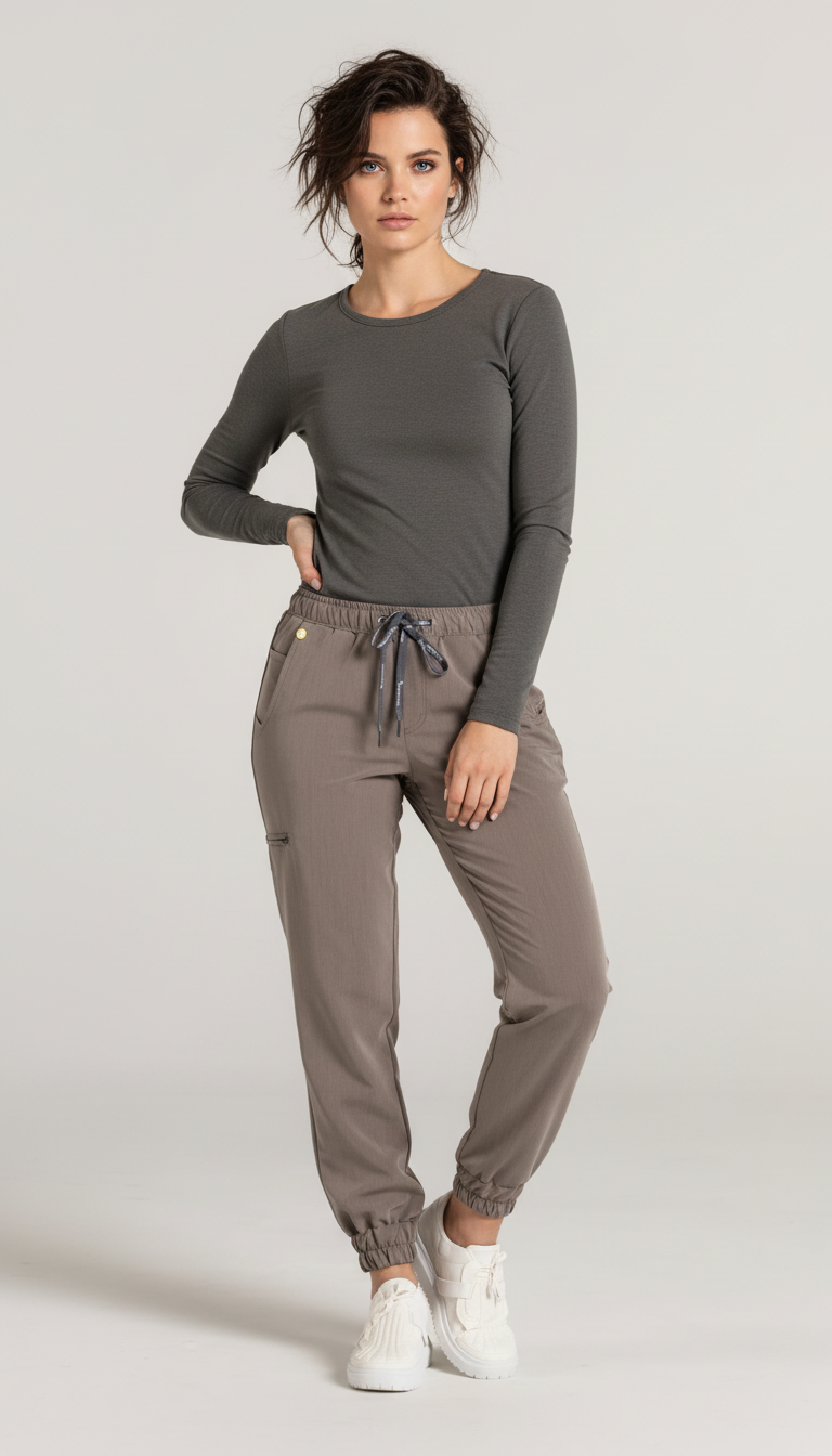 AI product shot of Spodnie medyczne joggery damskie - Merit - Brown melange - KangooSoft Premium