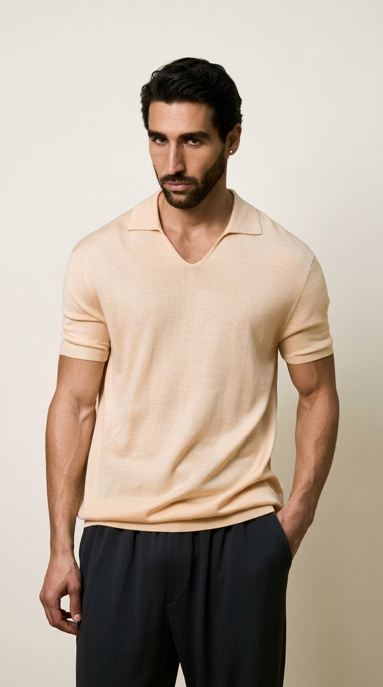 AI product shot of Creme Knitted Short Sleeve Polo – Butter