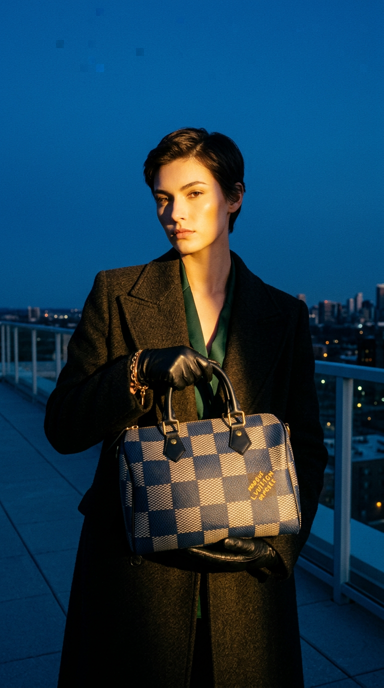 AI product shot of Blue Damier 25cm speedy