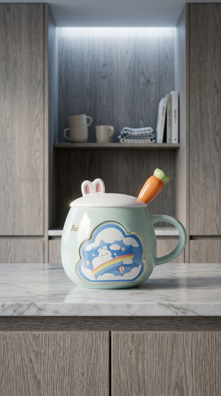 AI product shot of Korean Cartoon Creative Radish Rabbit Mugs