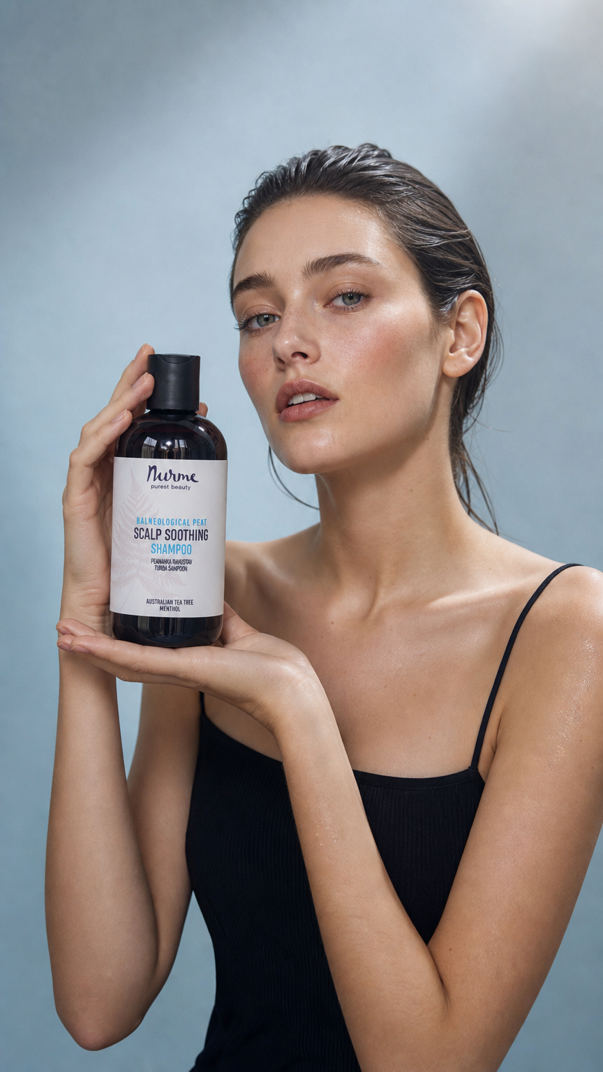 AI product shot of Peanahka rahustav turbašampoon teepuuõliga