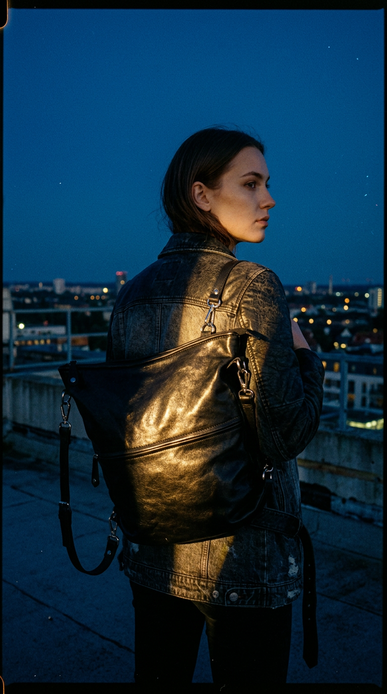 AI product shot of BACKPACK BAG in black shiny leather