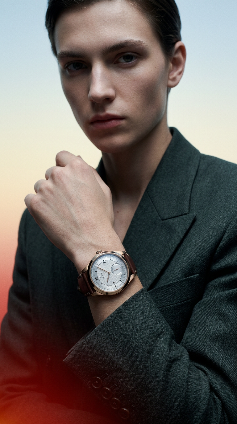 AI product shot of OMEGA SPECIALITIES PARIS 2024 BRONZE GOLD EDITION 39MM, BRONZE GOLD ON LEATHER STRAP