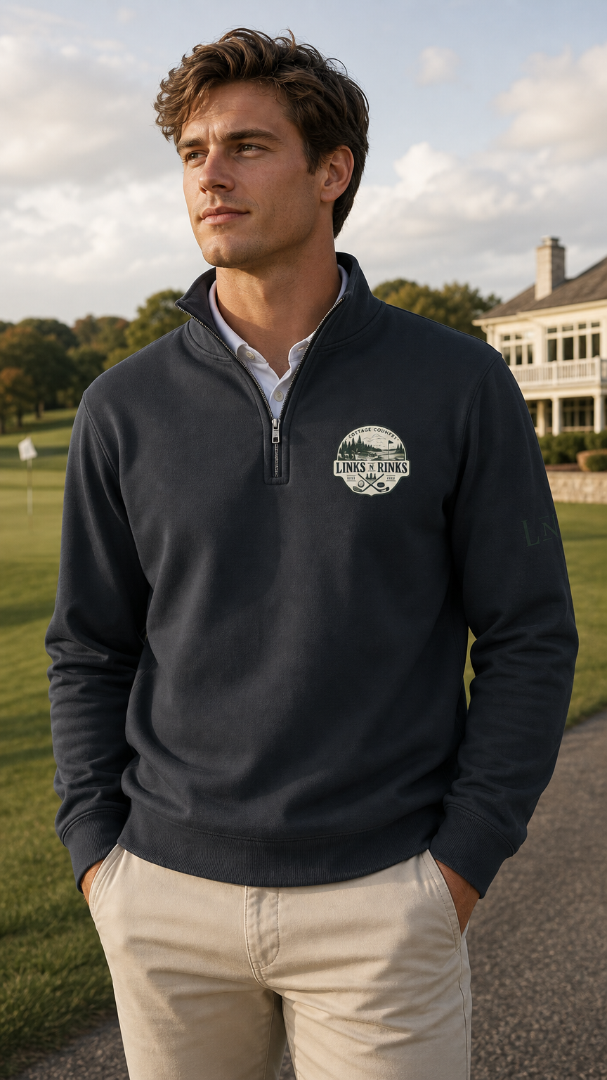 AI product shot of Links n Rinks "Cottage Country" 1/4 Zip