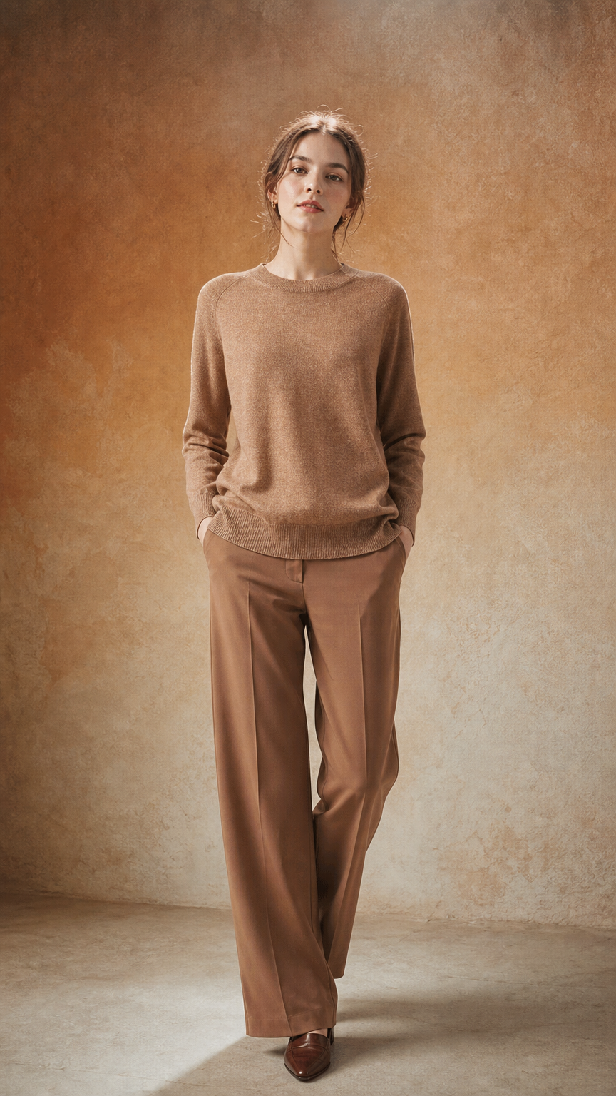 AI product shot of 라글란 숄더 캐시미어 풀오버 카멜