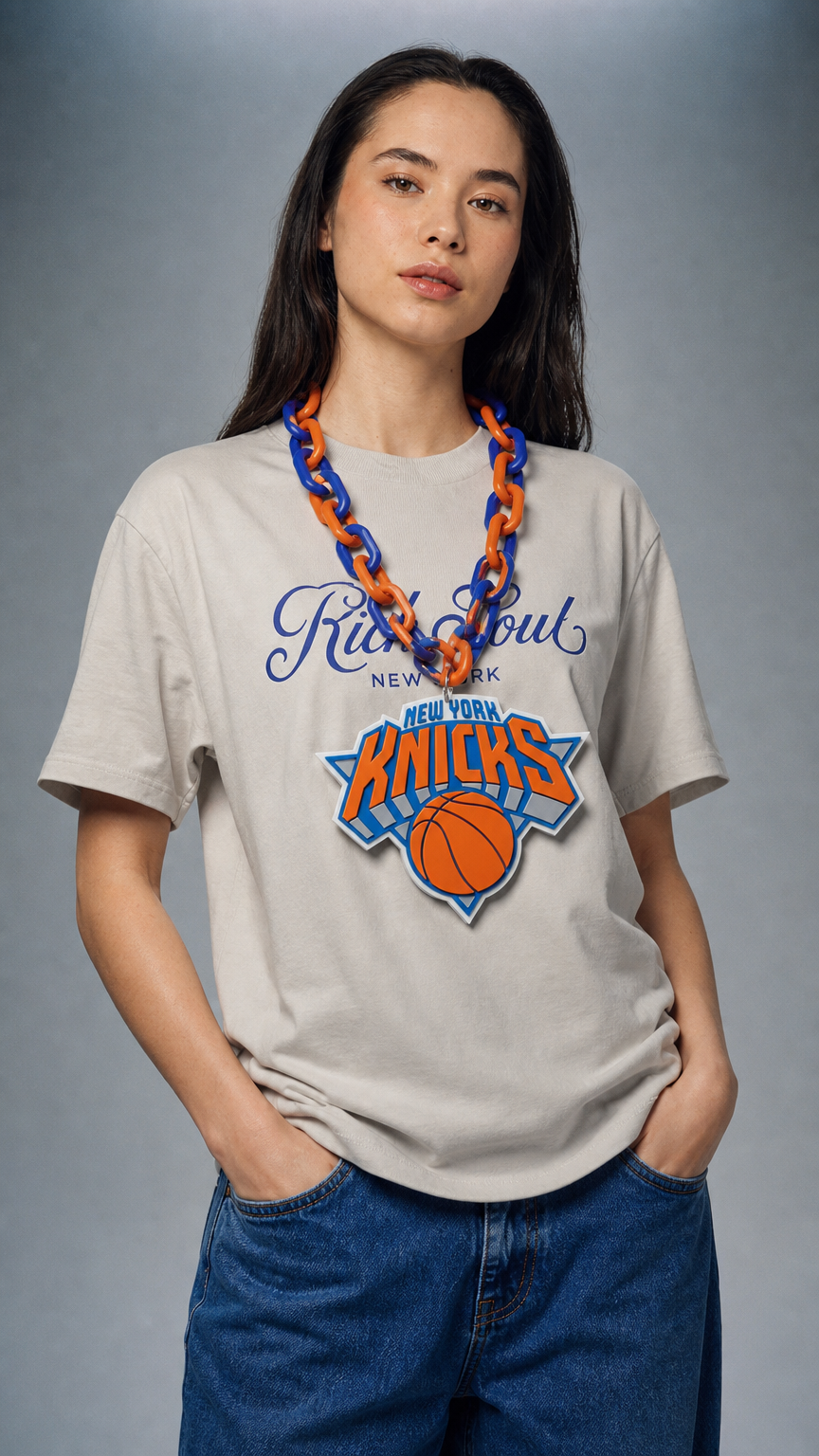 AI product shot of New York Knicks Oversized Pendant Chain Necklace | 3D Printed Basketball Fan Jewelry