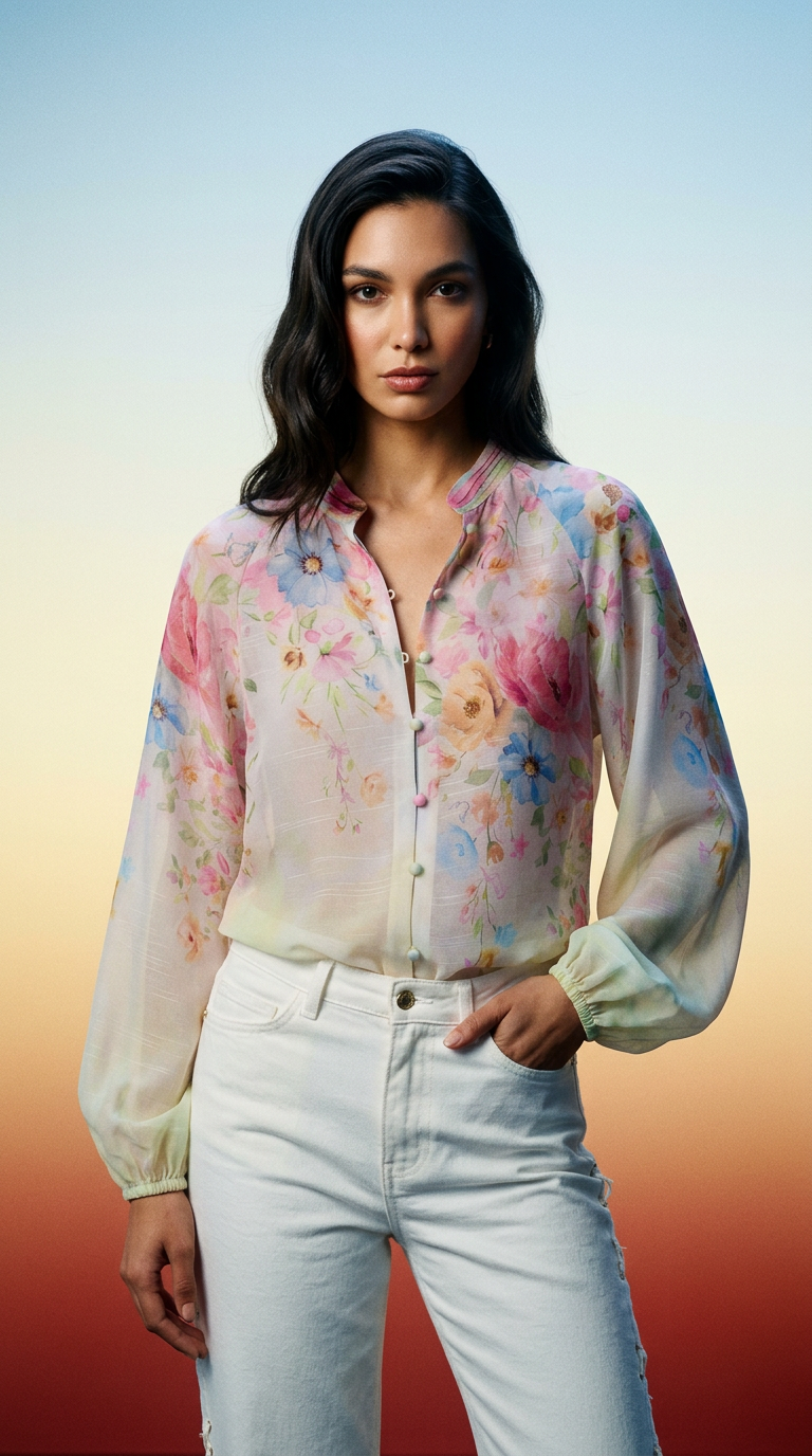 AI product shot of Lipsy Yellow Floral Print Long Sleeve Grandad Blouse
