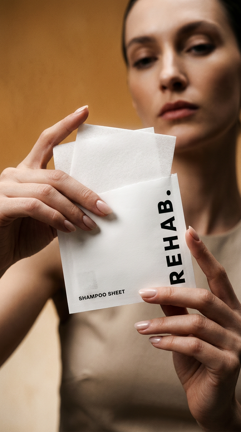 AI product shot of REHAB. Shampoo Sheets