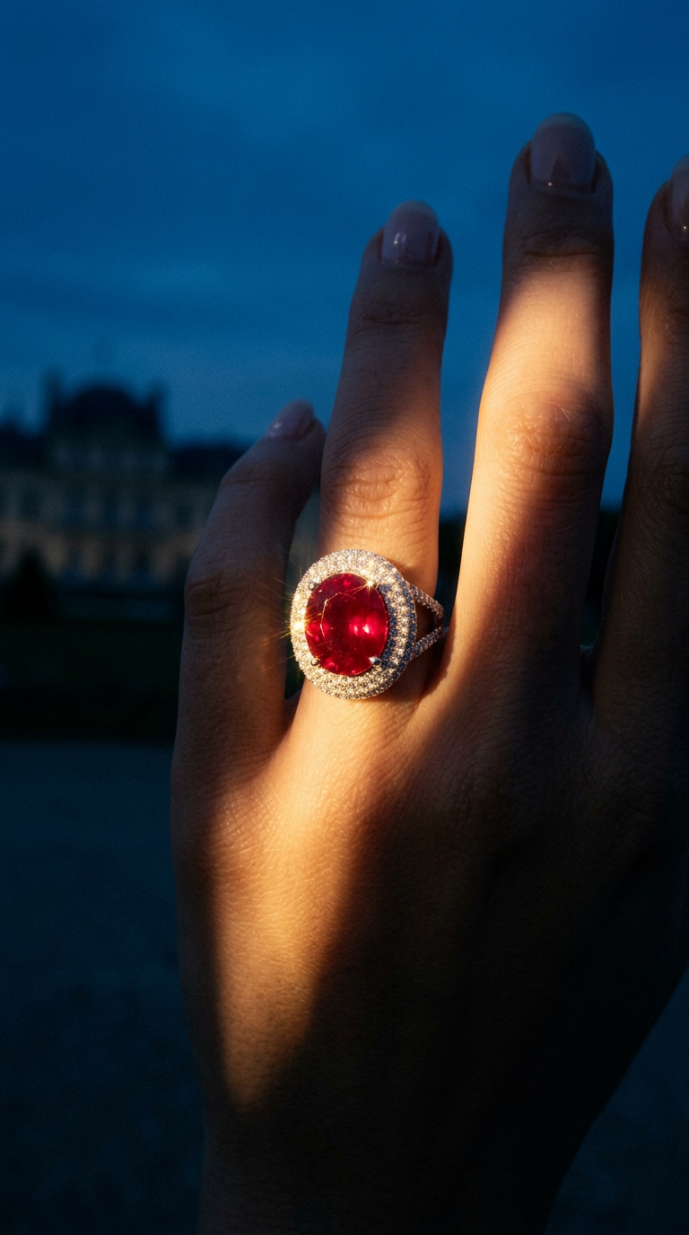 AI product shot of Oval Ruby & Diamonds "Calista" Ring