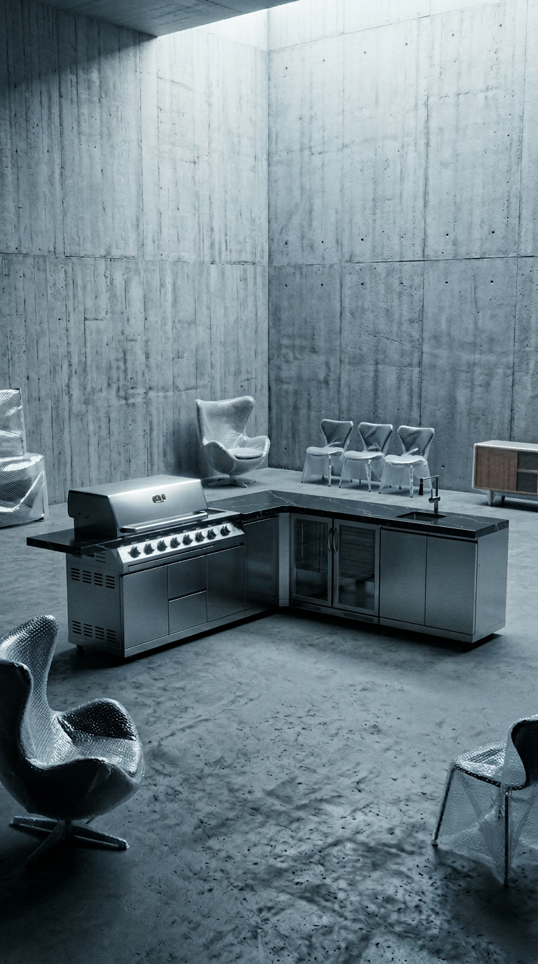 AI product shot of Whistler Modular Stainless Steel Outdoor Kitchen 6 Burner BBQ, Sink and Fridge