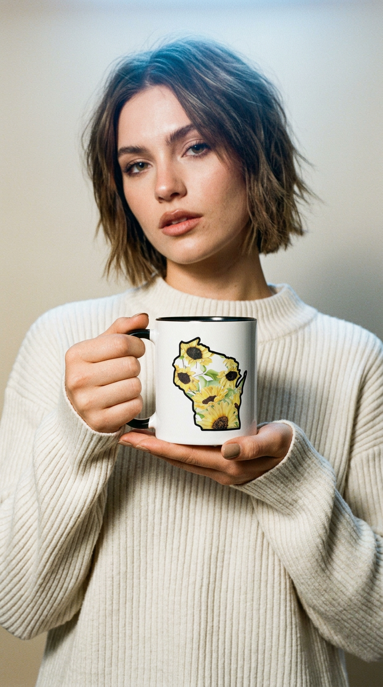 AI product shot of Watercolor Sunflower Wisconsin Mug