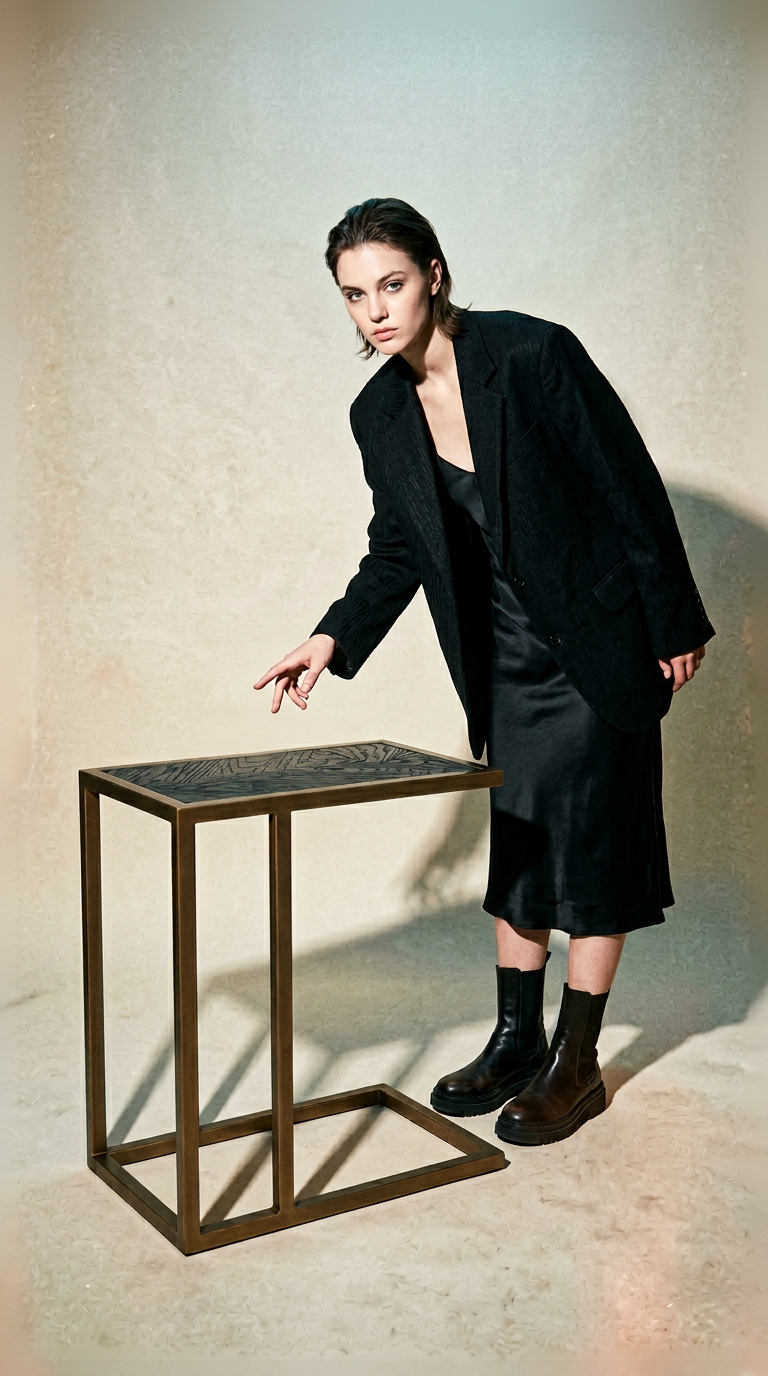AI product shot of Blackbone wooden side table with bronze legs