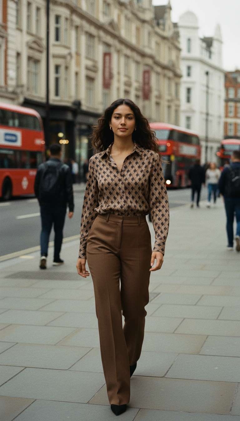 AI product shot of CAMEL/CHOCOLATE GEOMETRIC PRINT SILK SHIRT