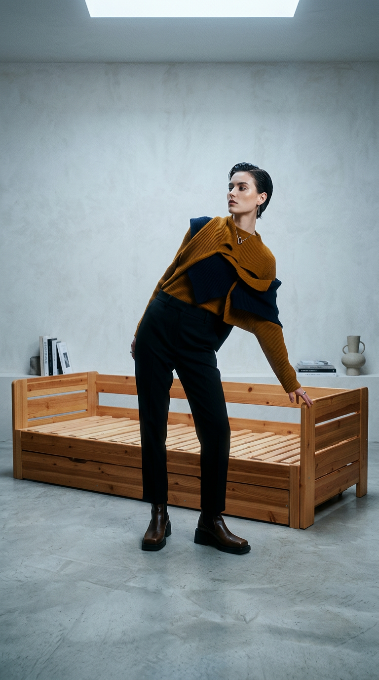 AI product shot of TÖMÖRFA KANAPÉ – VÉDA – kihúzható, ágyneműtartós