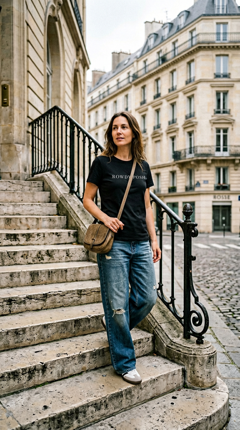 AI product shot of ROWDY POSH. Statement: Presence Tee -Black