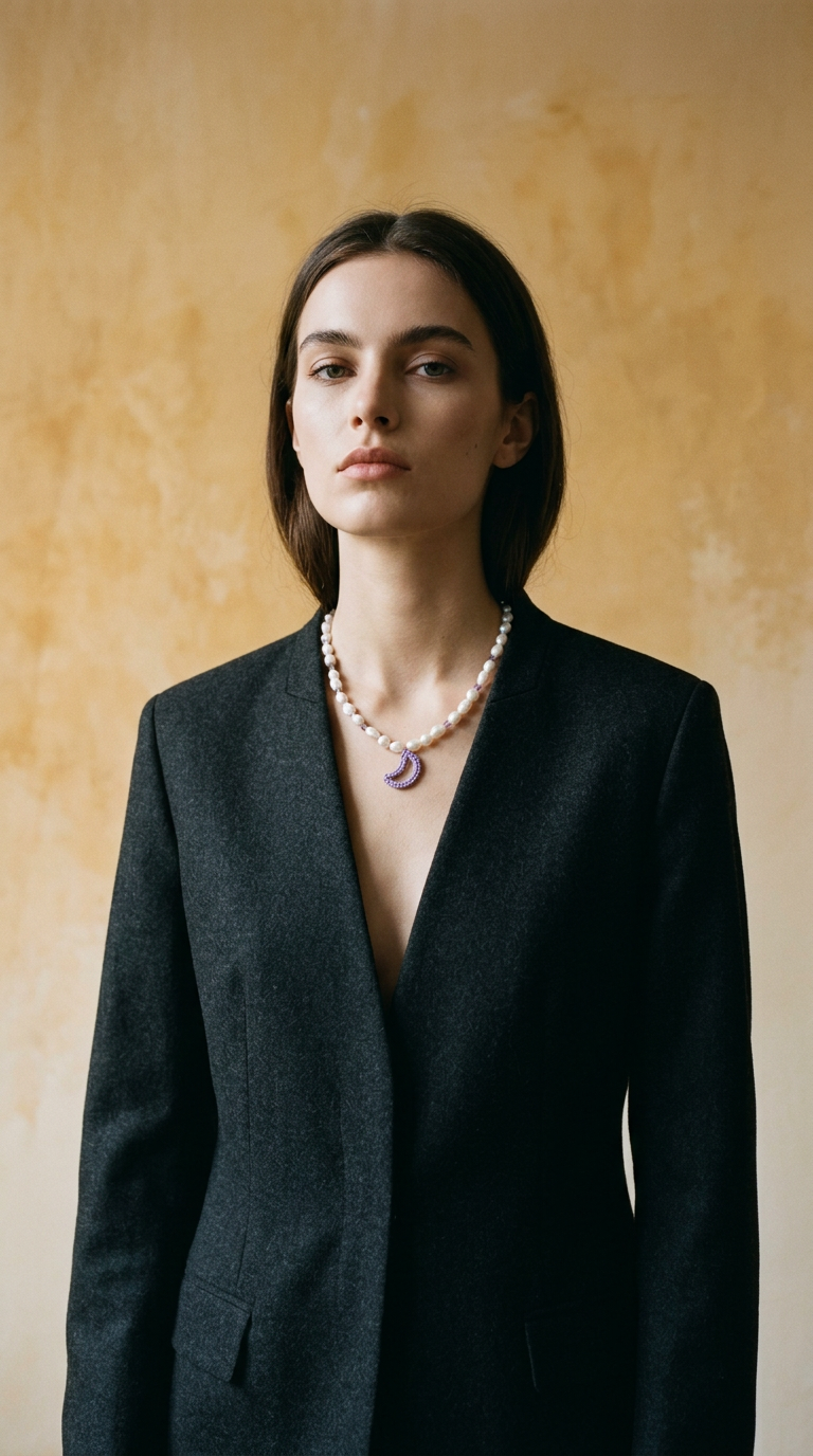 AI product shot of שרשרת פנינים | ירח- סגול