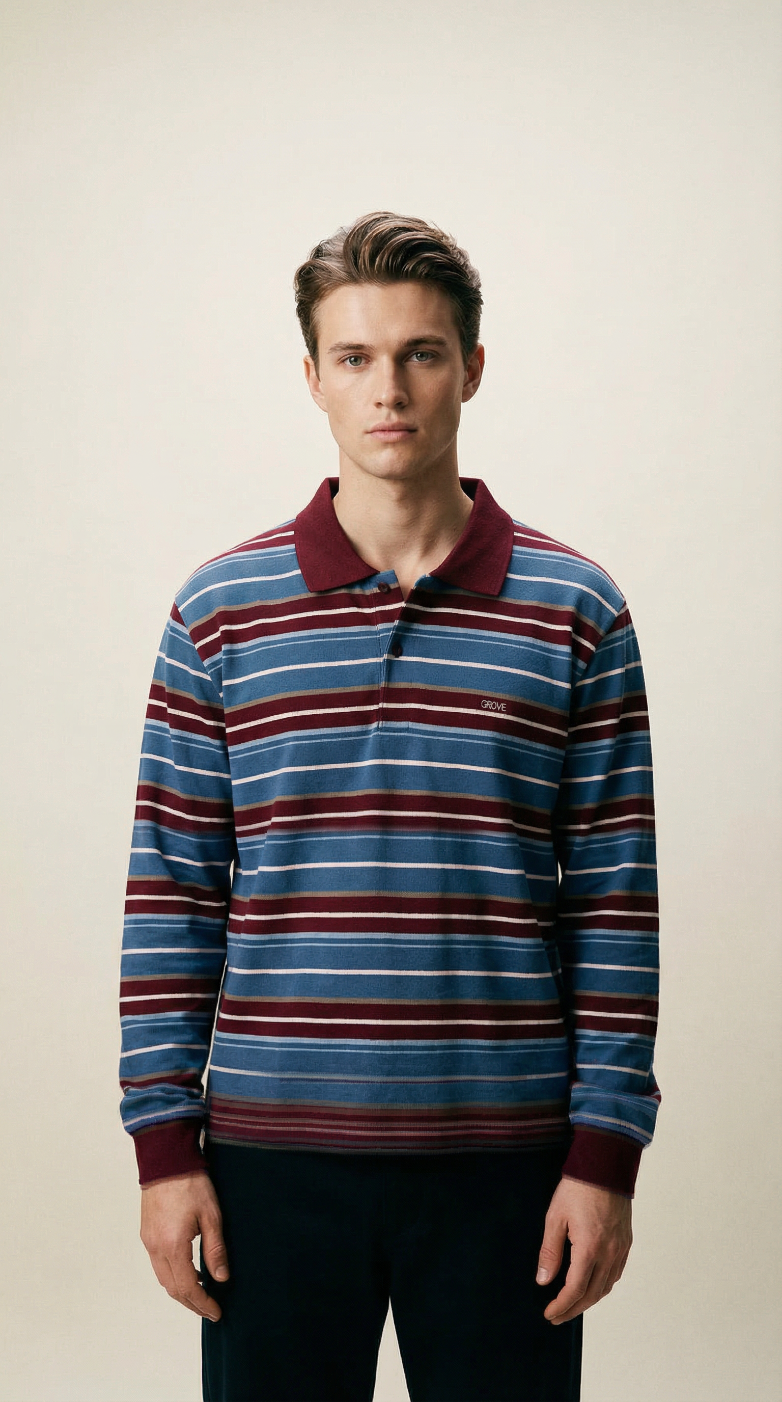 AI product shot of [그로브][네이버 단독] 25FW CARELL STRIPE LS PIQUE SHIRT (WINE)