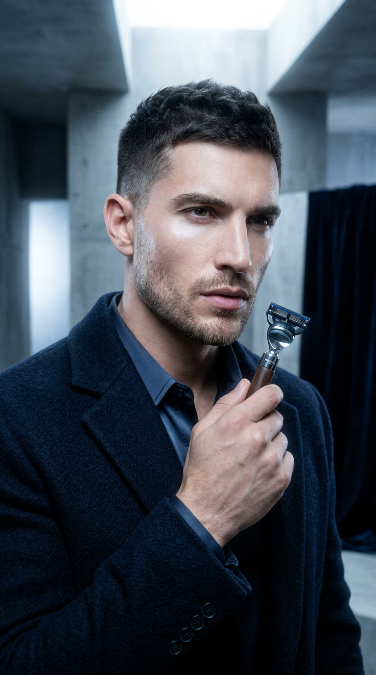 AI product shot of Sphaera Cartridge Razor Handle in Wengé Wood