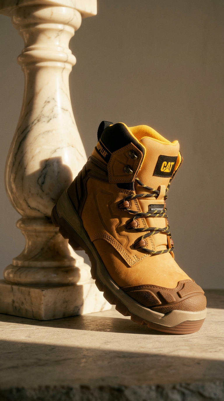AI product shot of Caterpillar STRIVER XL 6" Safety Boot S7 Black/Honey/Yellow