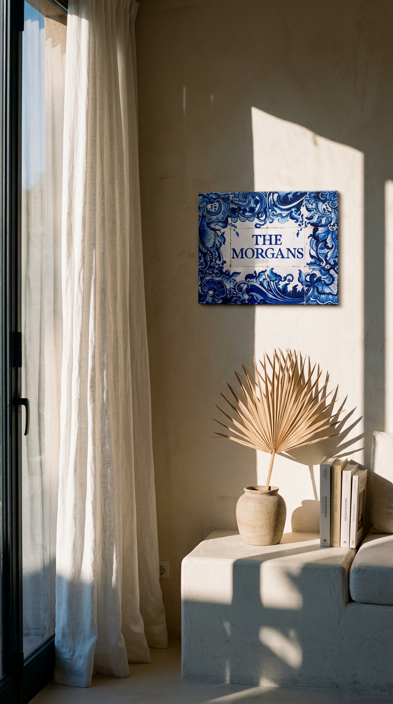 AI product shot of Delft blue family name ceramic prints