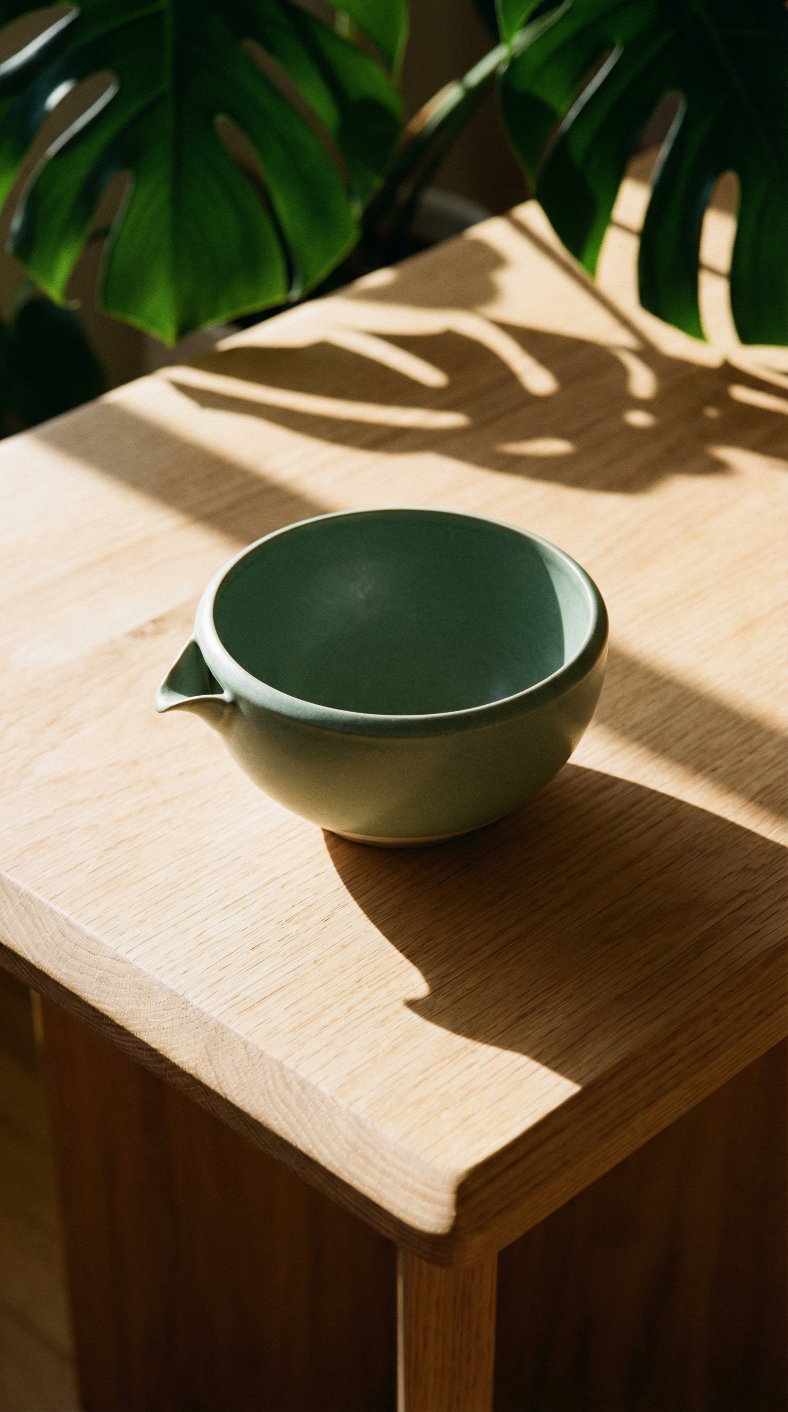 AI product shot of Origami Tea - Pour Take Green - Minoyaki Porcelain Matcha Bowl with Pouring Lip