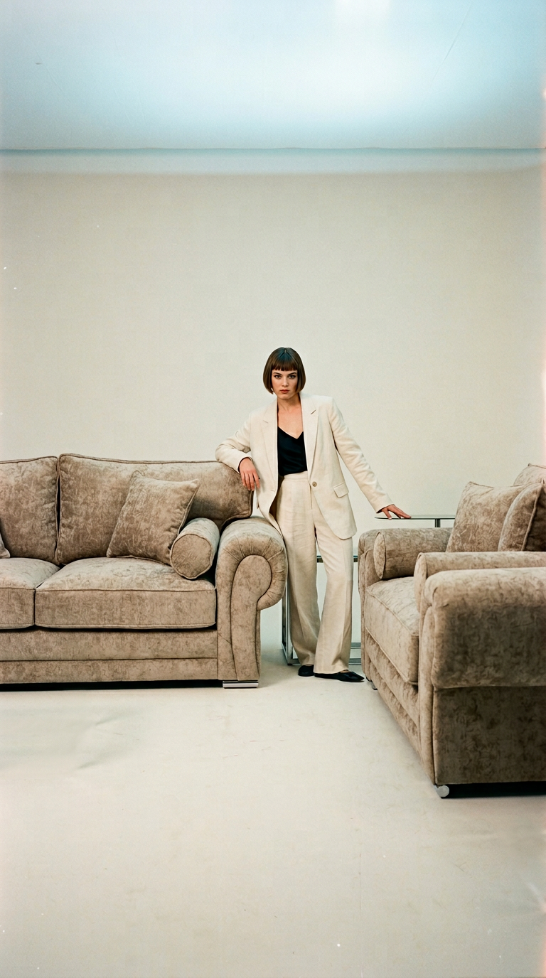 AI product shot of 3+2 Vegas Sofa – Mink Alaska Fabric