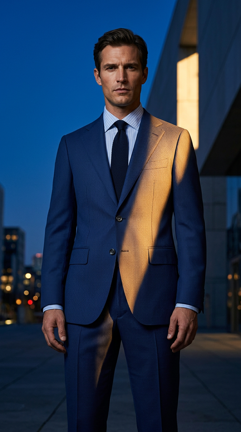 AI product shot of Stokes suit - Mid blue micro houndstooth, in pure wool, super 110's