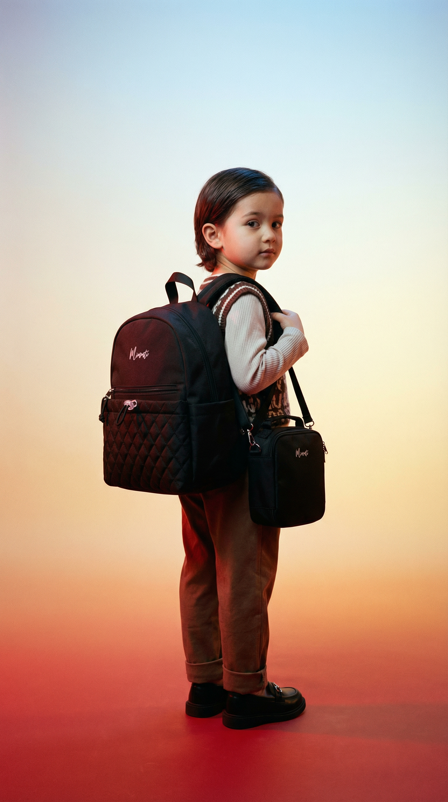 AI product shot of Mimmti NanaBeebi® Children's Backpack and Mini Diaper Bag in one