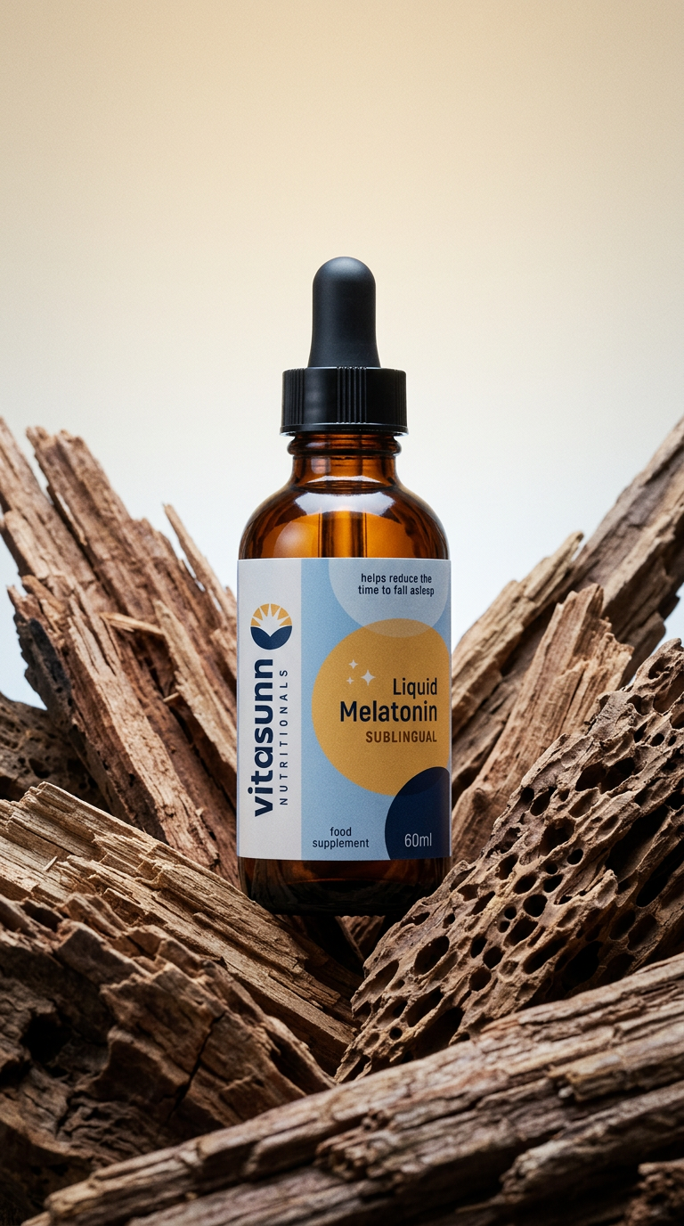 AI product shot of Melatonin Liquid 1mg per dose. 60ml Bottle by Vitasunn -Fast Acting Sleep Aide | No Sugar, and Alcohol Free!