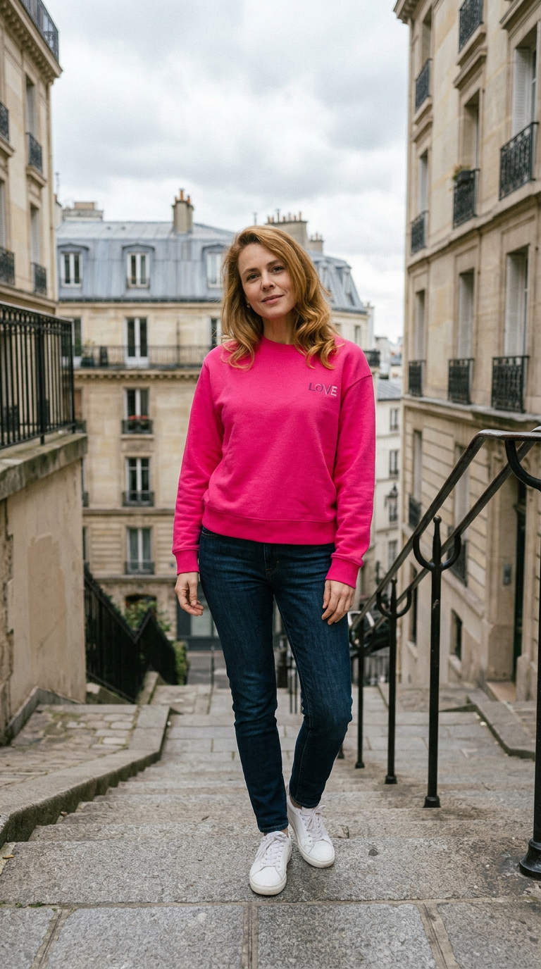 AI product shot of LOVE Polished French Terry Crewneck Sweatshirt - Hot Pink