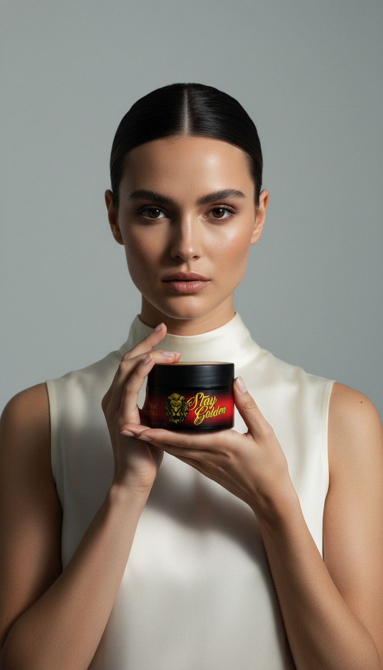 AI product shot of STAY GOLDEN STRONG POMADE