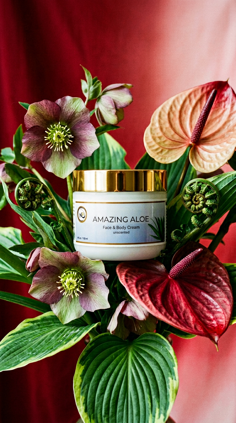 AI product shot of Aloe Face & Body Cream, Natural Moisture for your skin. Bye-Bye dry flaking skin!!