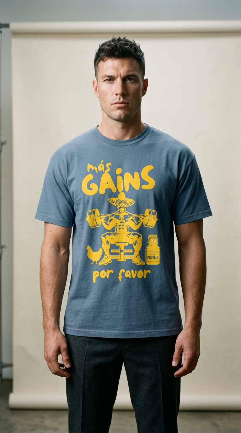 AI product shot of The Más Gains Tee